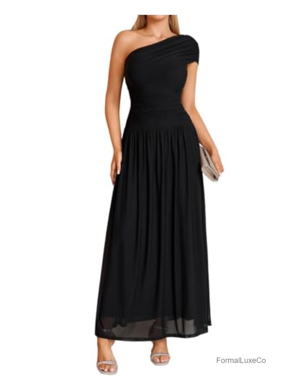 One Shoulder Ruched Bodycon Mesh Maxi Dress Formal Wedding Guest